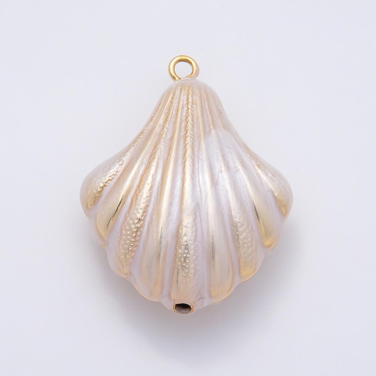 16K Gold Filled 45mm Blue, White Enamel Clam Sea Shell Charm Coastal Beach Jewelry Ribbed Seashell Design DIY Supply | Charms-01058