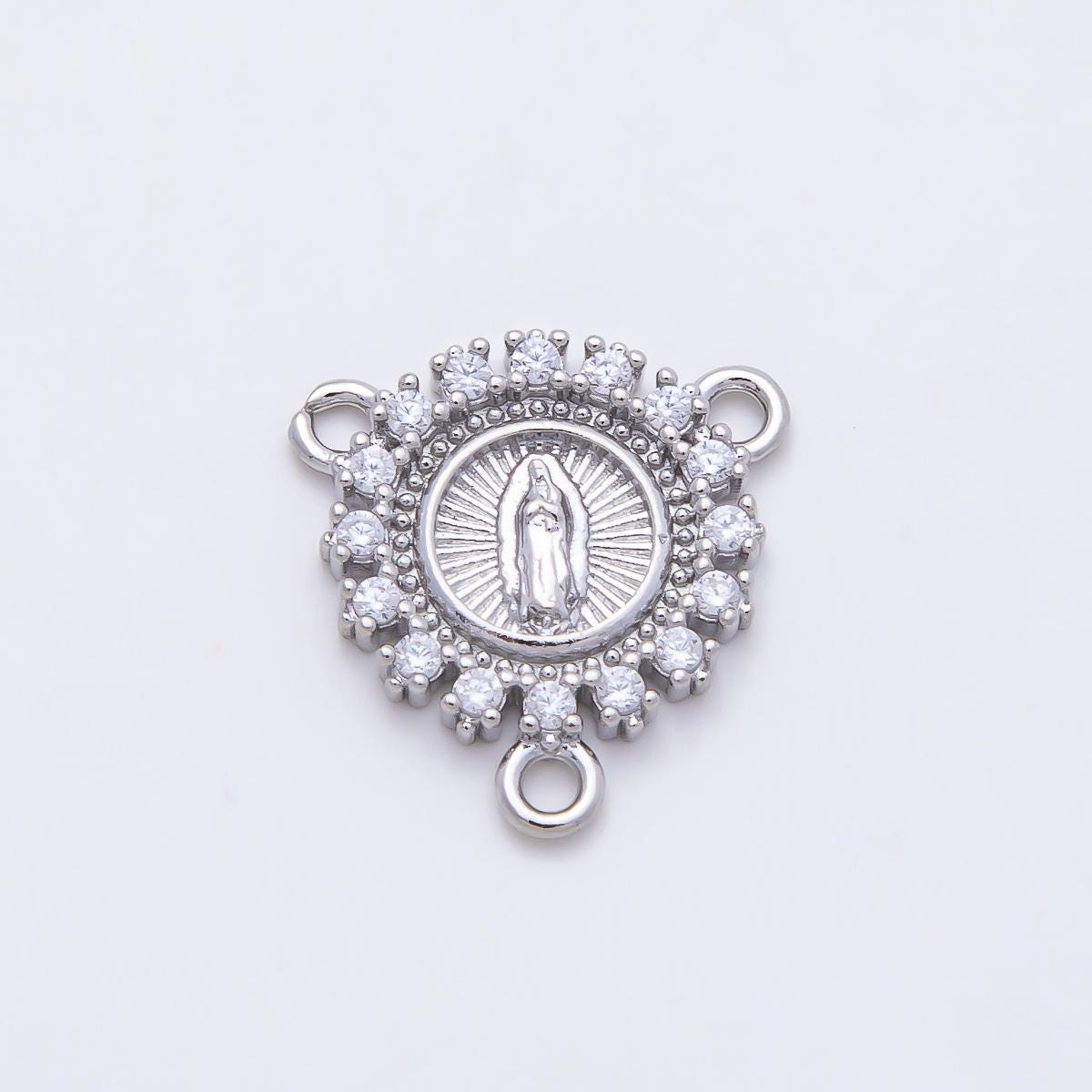16K Gold Filled Mother Mary Micro Paved CZ Round Triple Connector in Gold & Silver Medal Rosary DIY Jewelry Making Supply | CONNECTORS-00026