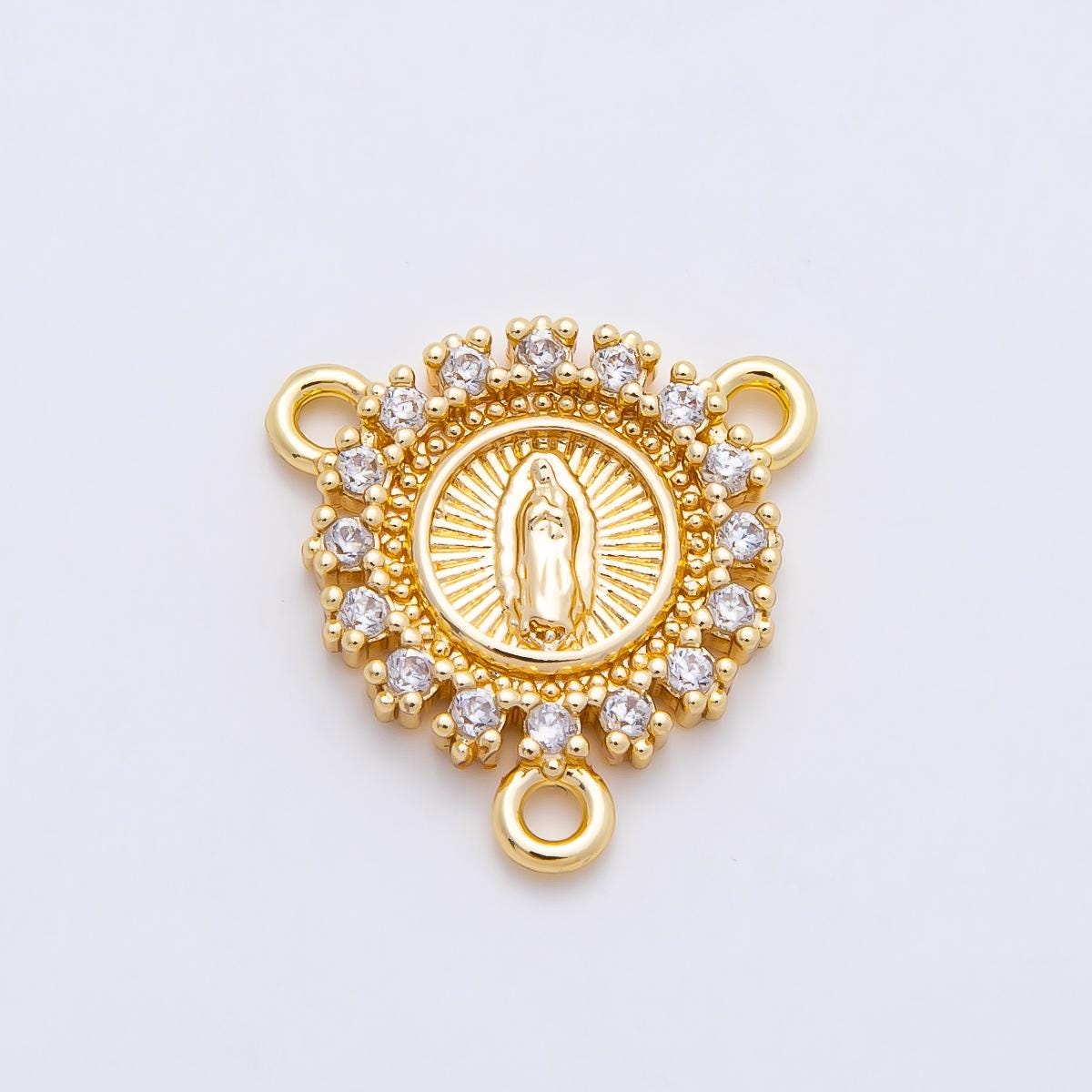 16K Gold Filled Mother Mary Micro Paved CZ Round Triple Connector in Gold & Silver Medal Rosary DIY Jewelry Making Supply | CONNECTORS-00026