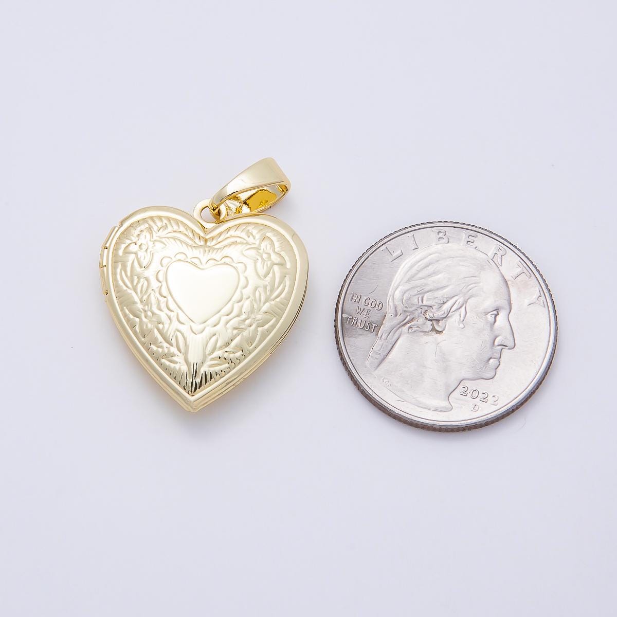 16k Gold Filled 25mm Heart Locket Engraved Vintage Photo Pendant Floral Memory Keepsake Charm Supply Necklace Jewelry Making | CHARMS-01097