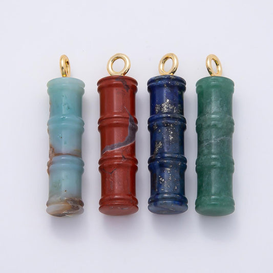16K Gold Filled 50mm Lapis Lazuli, Aventurine Red Jasper, Amazonite Gemstone Tube Cylinder Charm Bamboo Stalk DIY Supply | Charms-01069