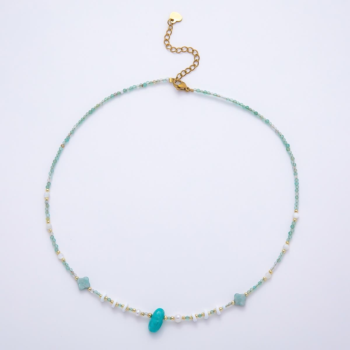 Natural Amazonite Beaded Necklace Handmade Dainty Summer Choker, Gold Accent Coastal Chic Jewelry Everyday Layering Necklace WA-4735