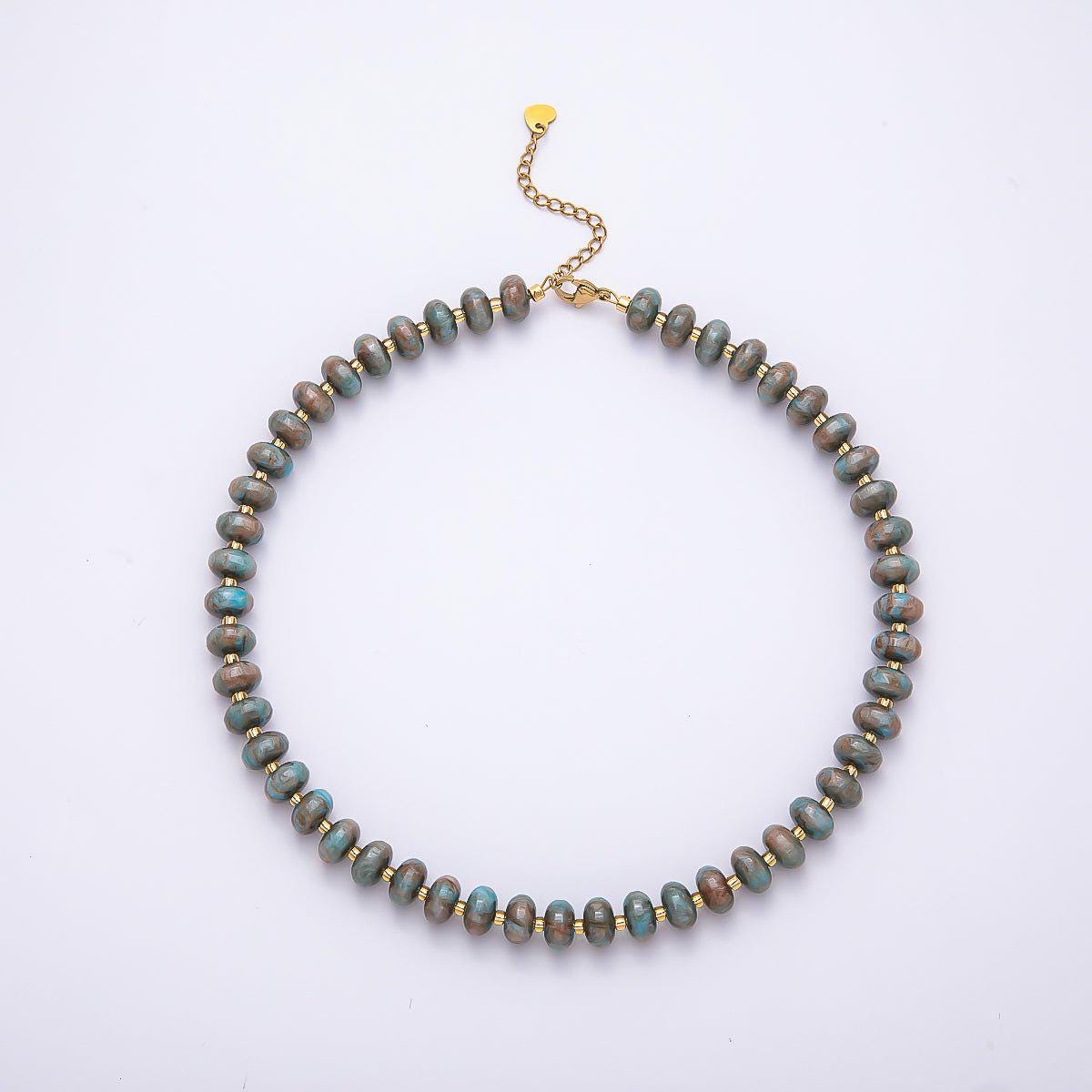 Stainless Steel 10mm Rondelle Resin Bead 16 Inch Necklace w. Extender Iridescent Crystal Choker Boho Jewelry Gift for Her | WA-04601