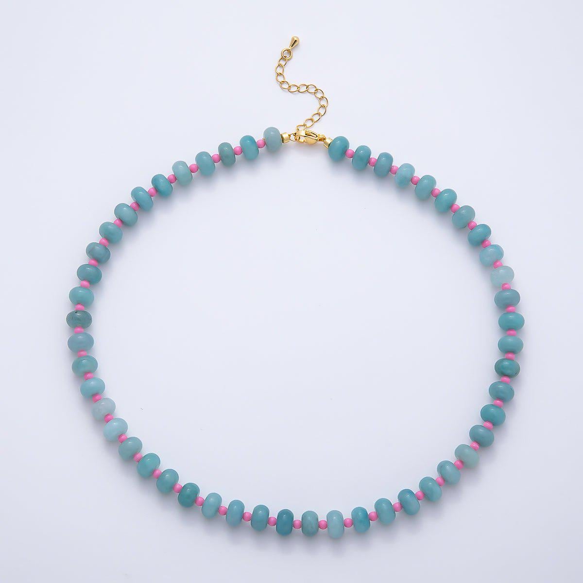 18K Gold Filled 8mm Pink, Blue, Red Multicolor Spacer Rondelle Gemstone 16.5 Inch Choker Necklace Neon Pastel Summer Jewelry Gift | WA-04634
