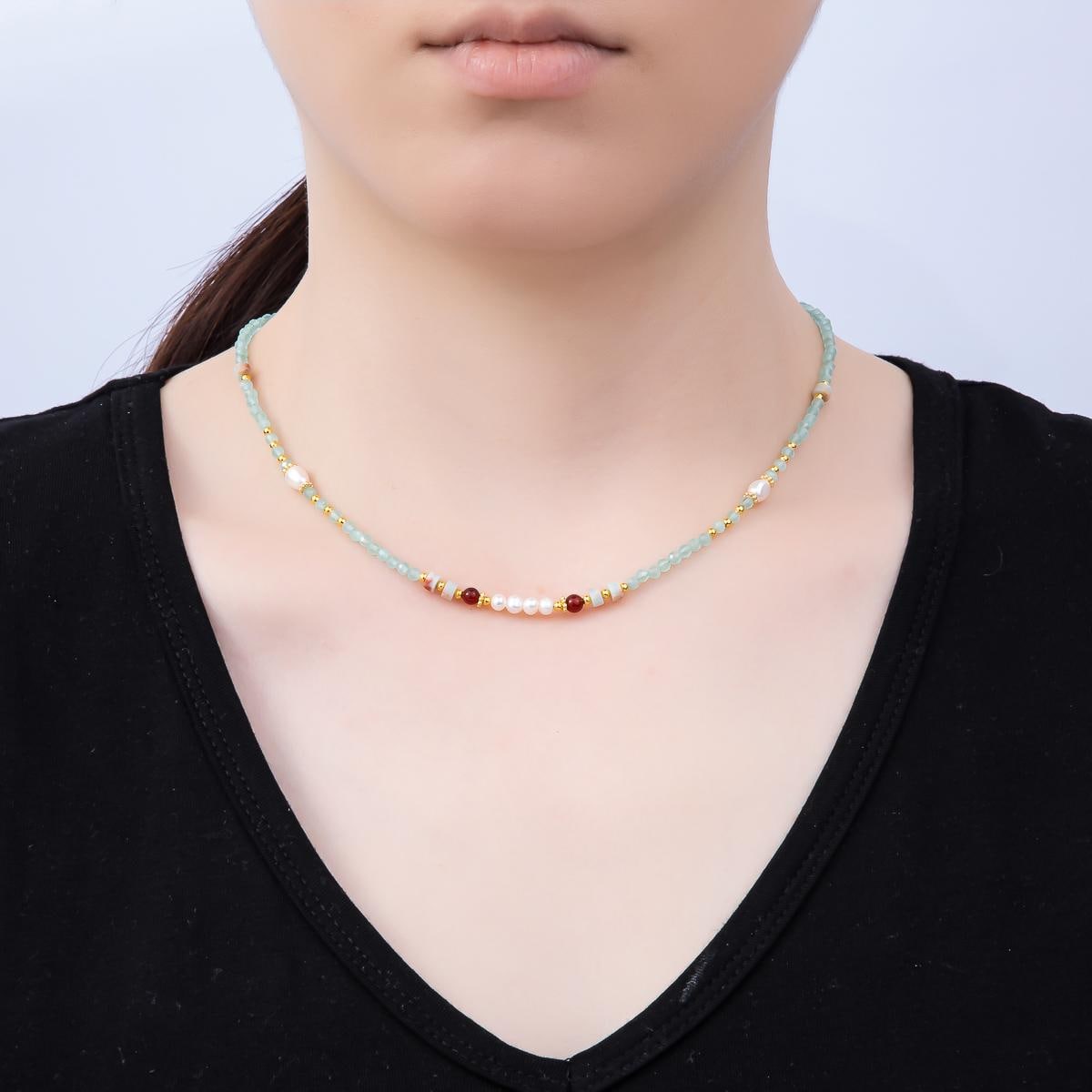 Handmade Stainless Steel 4mm Blue Aquamarine Shell Pearl Gemstone Chain 16 Inch Necklace Boho Beach Layering Jewelry Gift for Her | WA-04645