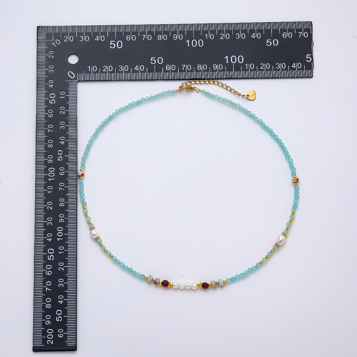 Handmade Stainless Steel 4mm Blue Aquamarine Shell Pearl Gemstone Chain 16 Inch Necklace Boho Beach Layering Jewelry Gift for Her | WA-04645
