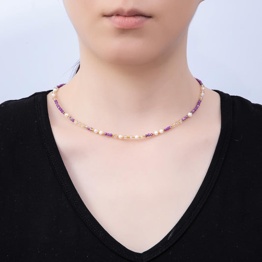 Handmade Stainless Steel 3mm Purple Amethyst AB Gemstone Chain 16 Inch Necklace Layering Crystal Jewelry Gift for Her | WA-04647