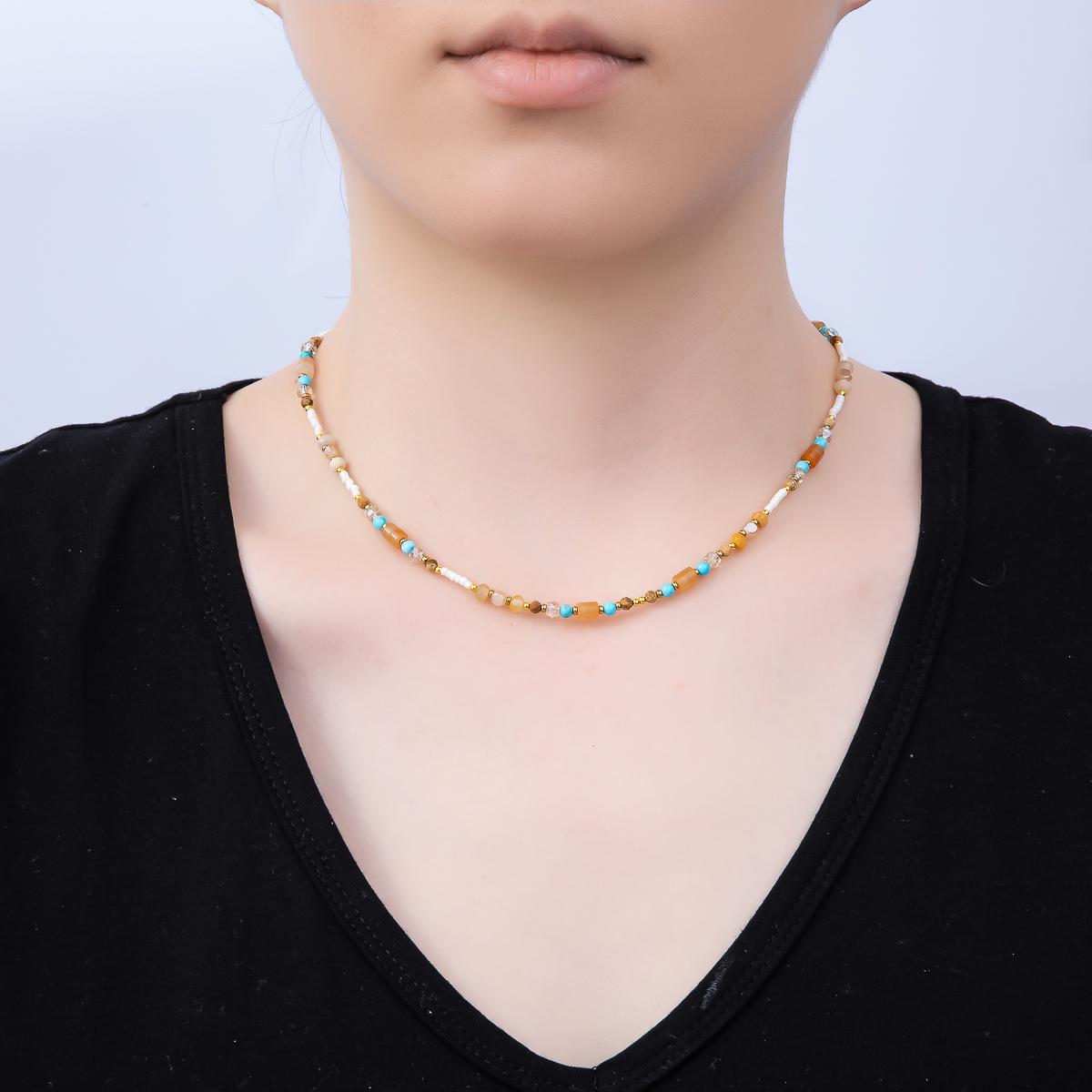 Handmade Stainless Steel 2mm Earth Tone Turquoise Citrine Gemstone Chain 15.5 Inch Necklace Boho Western Crystal Jewelry Gift | WA-04648