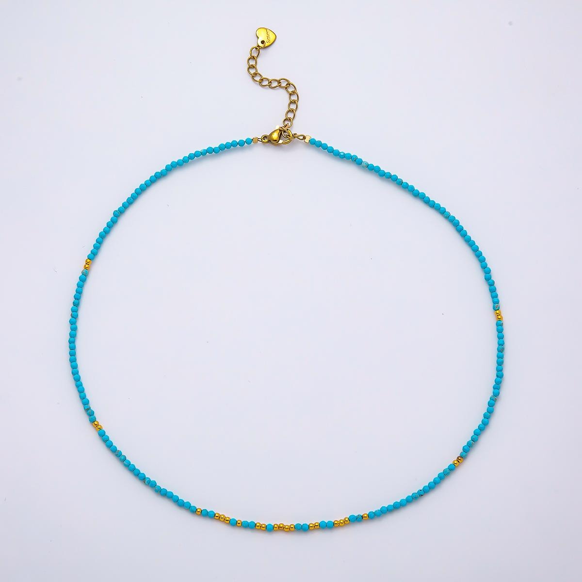 Handmade Stainless Steel 2mm Blue Turquoise Bead Multifaceted Gemstone Chain 15.5 Inch Necklace Boho Layering Jewelry Gift | WA-04652