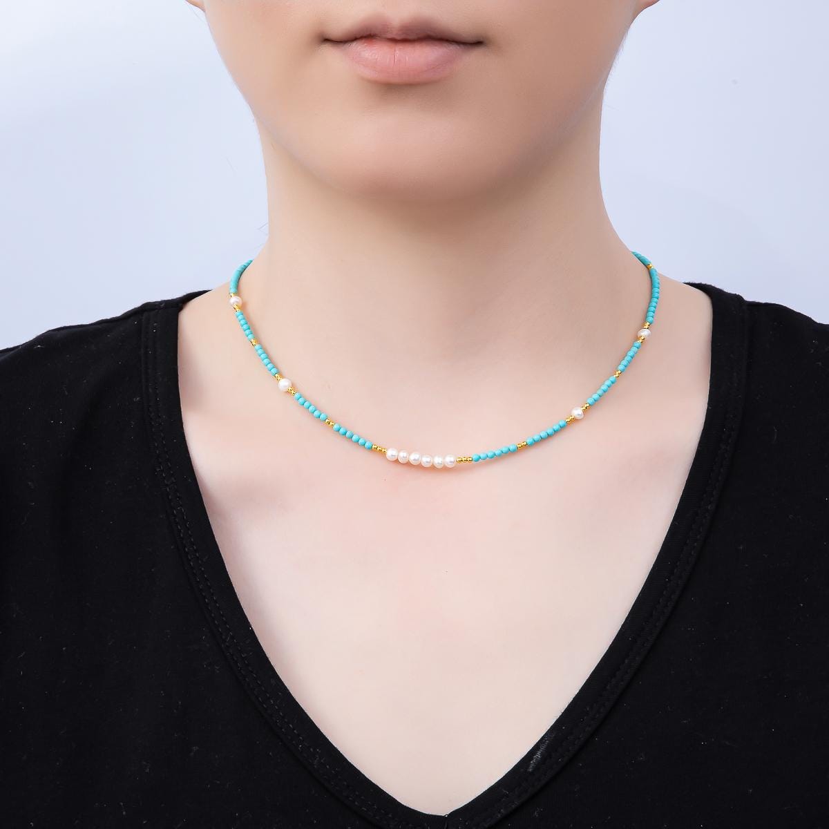Handmade Stainless Steel 2.5mm Blue Turquoise Shell Pearl Bead Gemstone Chain 16 Inch Necklace Bohemian Theme Layering Design | WA-04654