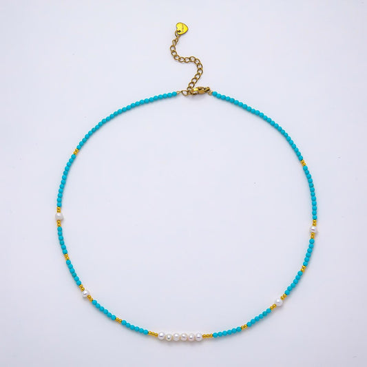 Handmade Stainless Steel 2.5mm Blue Turquoise Shell Pearl Bead Gemstone Chain 16 Inch Necklace Bohemian Theme Layering Design | WA-04654