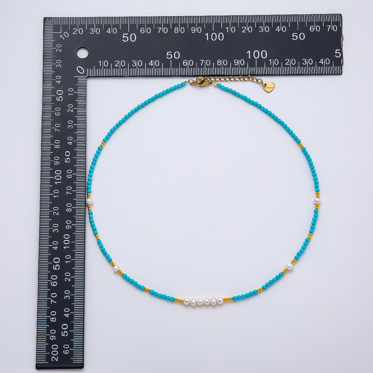 Handmade Stainless Steel 2.5mm Blue Turquoise Shell Pearl Bead Gemstone Chain 16 Inch Necklace Bohemian Theme Layering Design | WA-04654