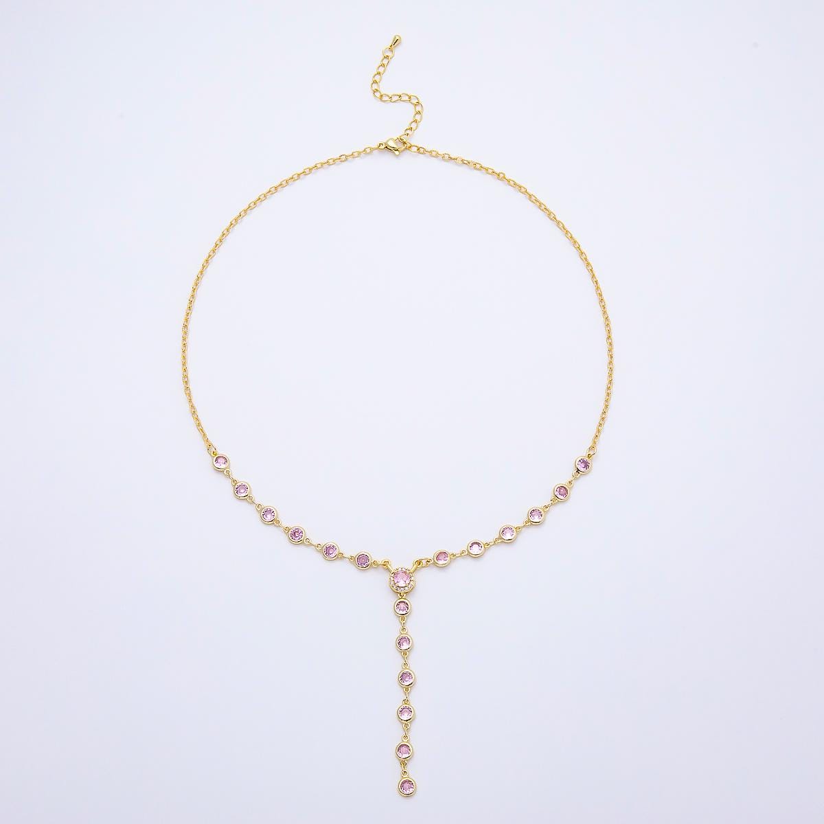 18K Gold Filled Lariat Necklace, Y Necklace Pink CZ Necklace, Minimalist Jewelry Long Gold Necklace 17.12 inch WA-4722
