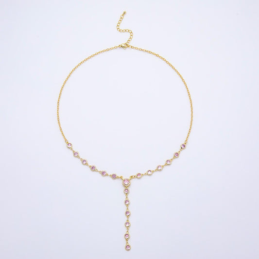 18K Gold Filled Lariat Necklace, Y Necklace Pink CZ Necklace, Minimalist Jewelry Long Gold Necklace 17.12 inch WA-4722