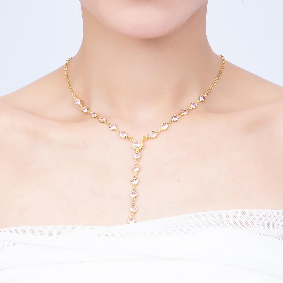 18K Gold Filled Lariat Necklace, Y Necklace Pink CZ Necklace, Minimalist Jewelry Long Gold Necklace 17.12 inch WA-4722