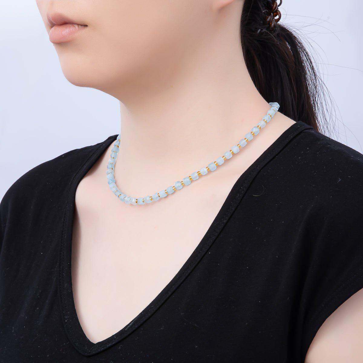Handmade Stainless Steel 3mm Square Gemstone Chain 16 Inch Necklace Beaded Colorful Dainty Summer Statement Jewelry Gift for Her | WA-04657