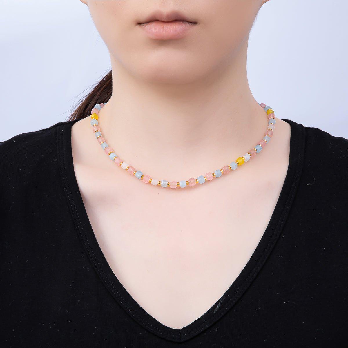 Handmade Stainless Steel 3mm Square Gemstone Chain 16 Inch Necklace Beaded Colorful Dainty Summer Statement Jewelry Gift for Her | WA-04657