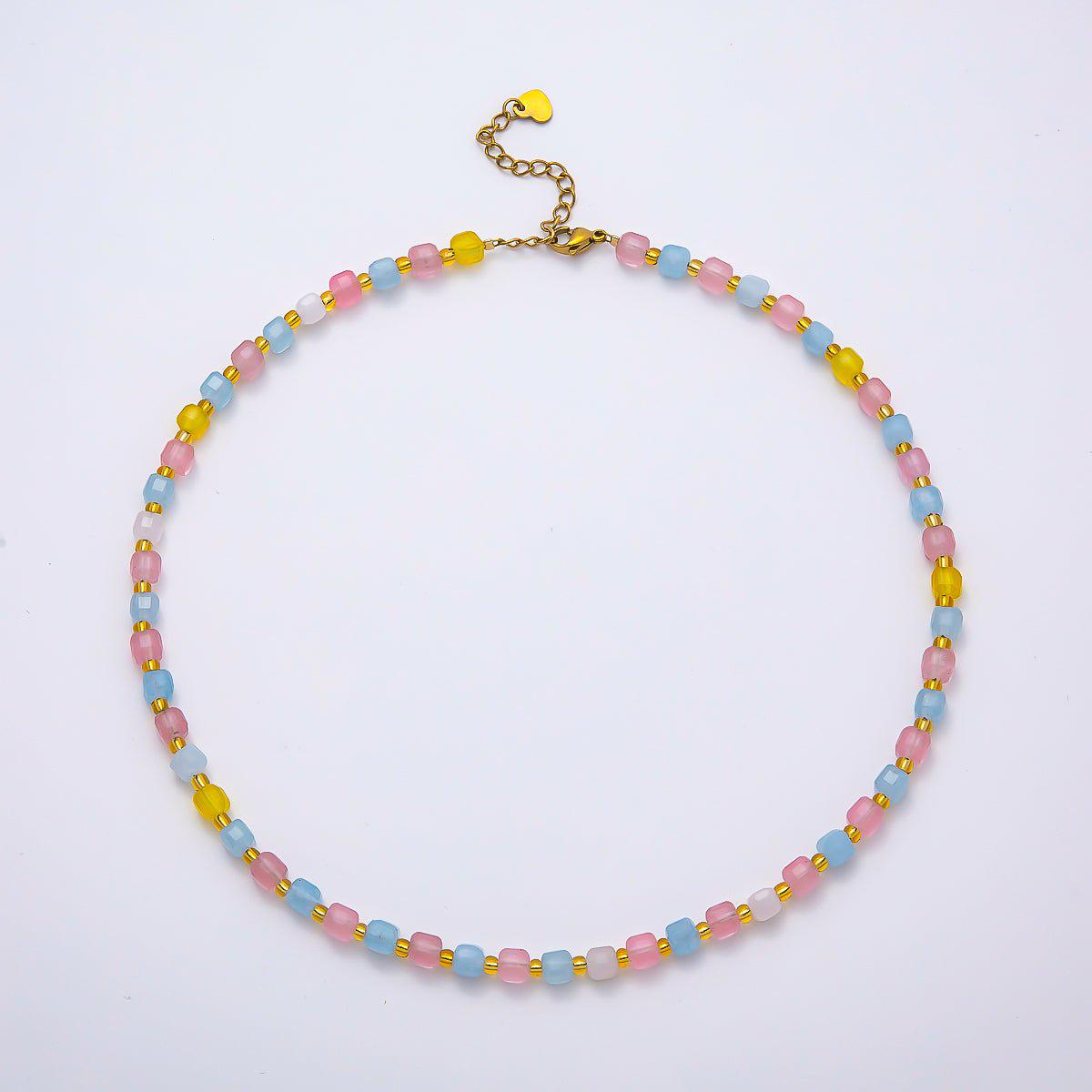 Handmade Stainless Steel 3mm Square Gemstone Chain 16 Inch Necklace Beaded Colorful Dainty Summer Statement Jewelry Gift for Her | WA-04657