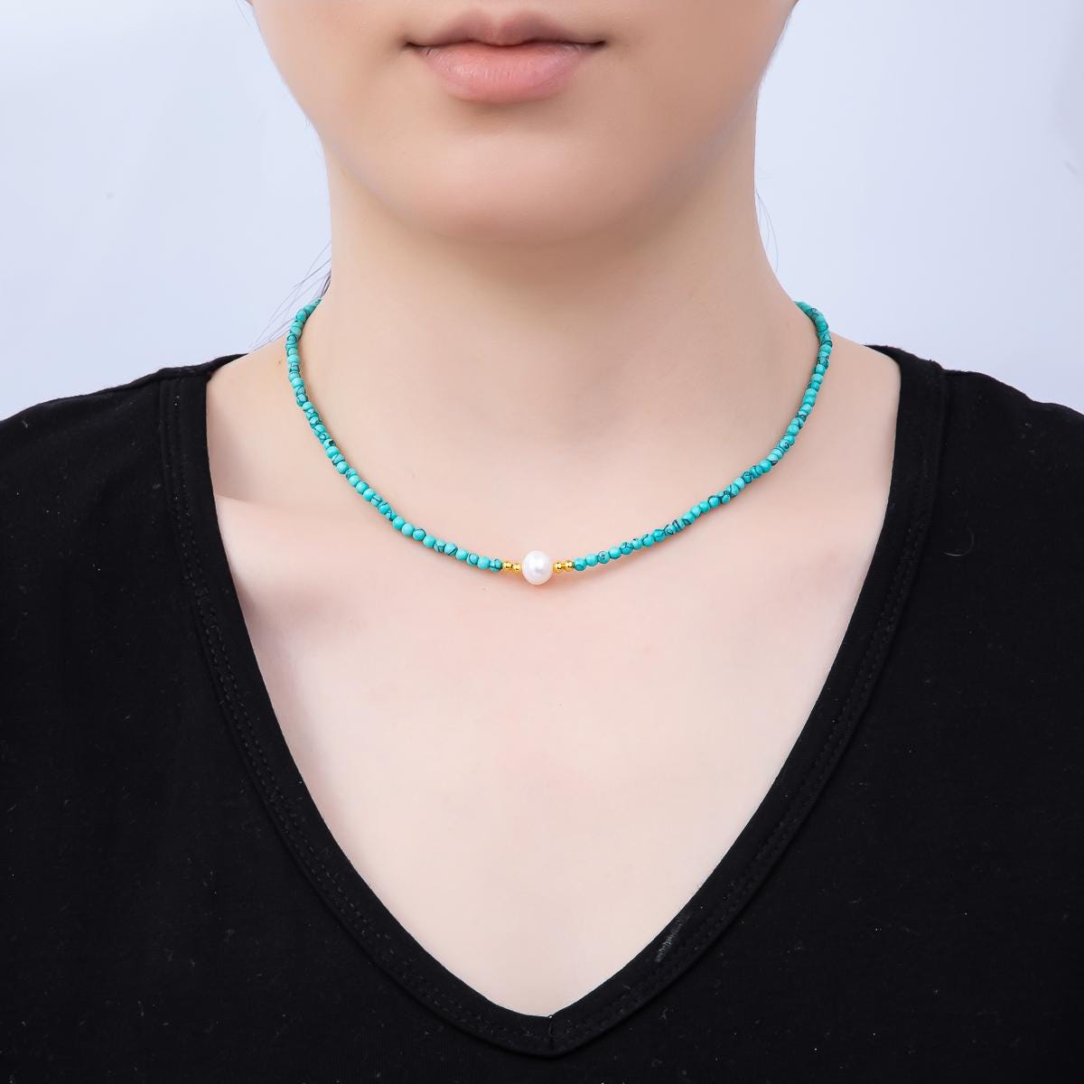 Handmade Stainless Steel 3mm Shell Pearl Blue Turquoise Gemstone Chain 15.5 Inch Necklace Wedding Beach Jewelry Gift for Her | WA-04644