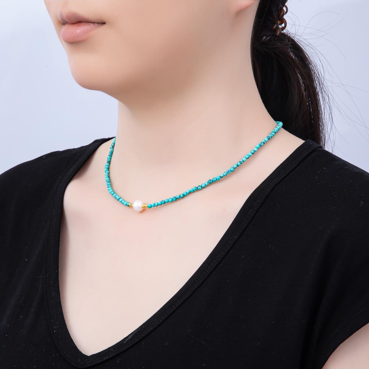 Handmade Stainless Steel 3mm Shell Pearl Blue Turquoise Gemstone Chain 15.5 Inch Necklace Wedding Beach Jewelry Gift for Her | WA-04644