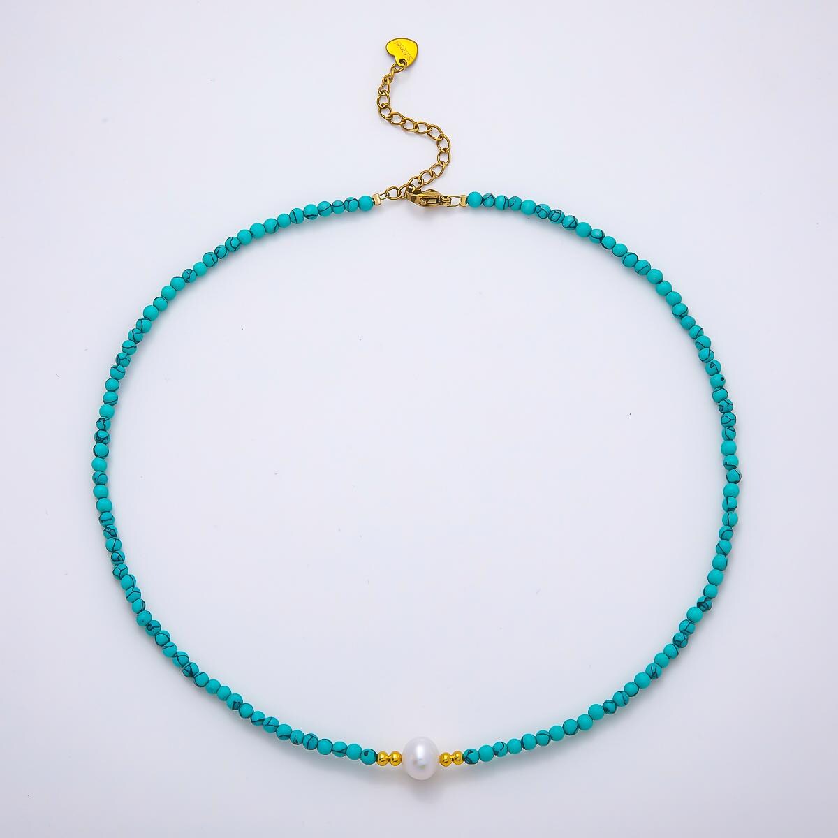 Handmade Stainless Steel 3mm Shell Pearl Blue Turquoise Gemstone Chain 15.5 Inch Necklace Wedding Beach Jewelry Gift for Her | WA-04644
