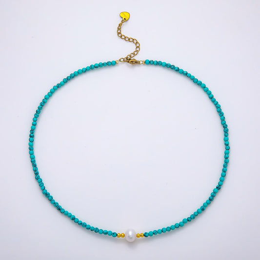 Handmade Stainless Steel 3mm Shell Pearl Blue Turquoise Gemstone Chain 15.5 Inch Necklace Wedding Beach Jewelry Gift for Her | WA-04644