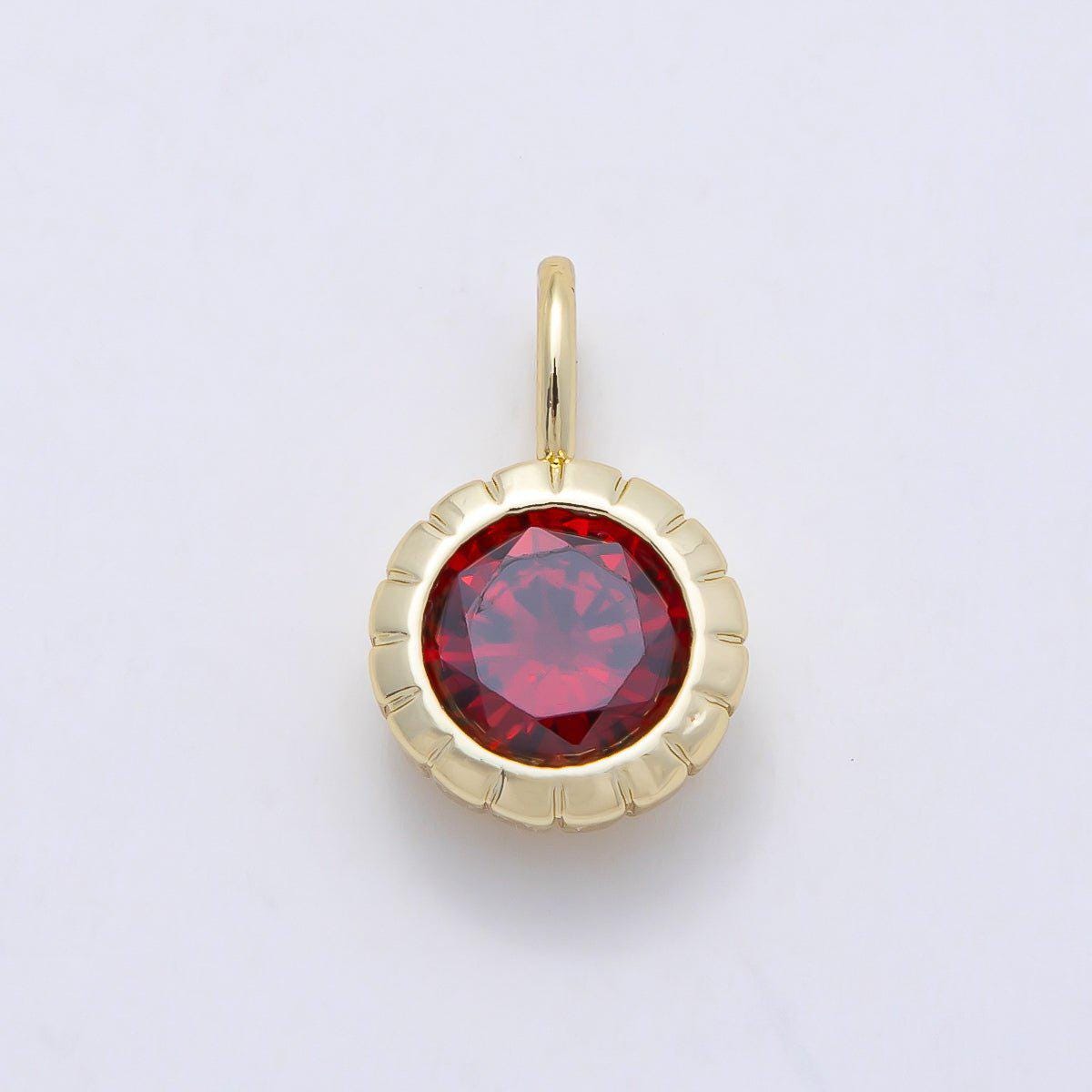 16K Gold Filled 17mm Birthstone Round CZ Ribbed Bezel Mini Pendant Colorful DIY Necklace Bracelet Birth Month Jewelry Making | Charms-01113