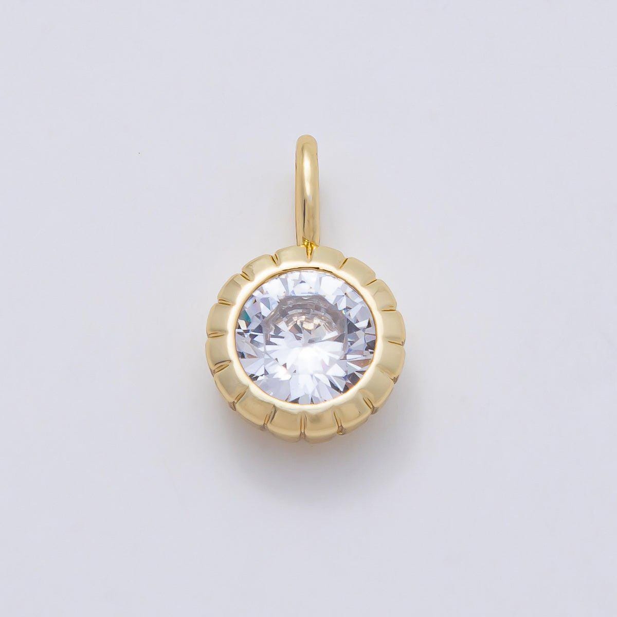 16K Gold Filled 17mm Birthstone Round CZ Ribbed Bezel Mini Pendant Colorful DIY Necklace Bracelet Birth Month Jewelry Making | Charms-01113