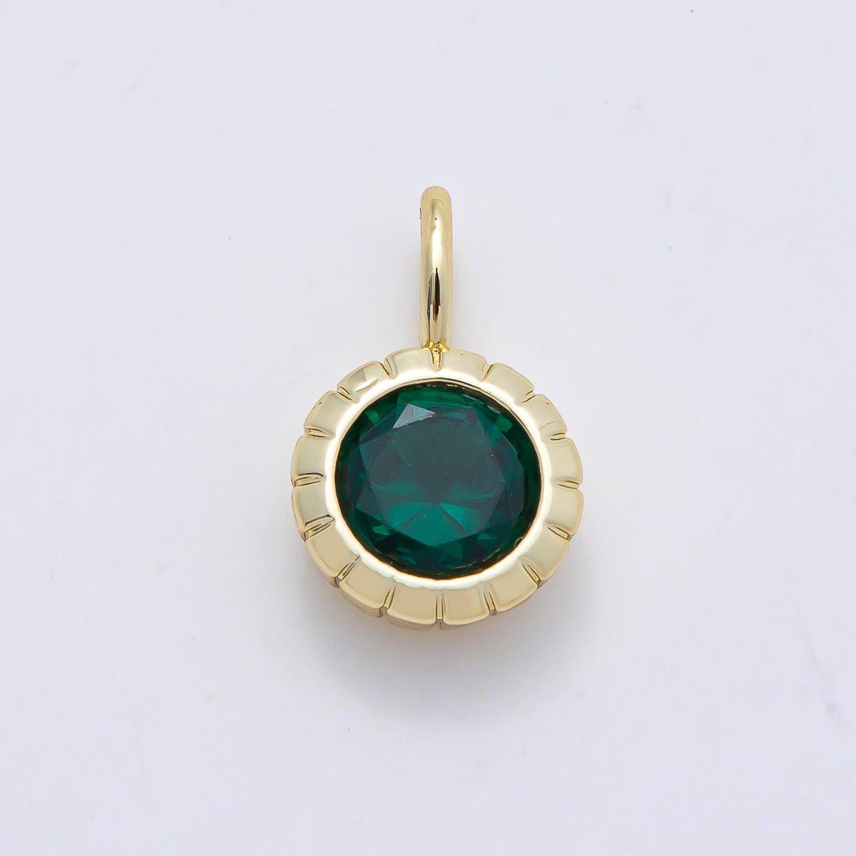 16K Gold Filled 17mm Birthstone Round CZ Ribbed Bezel Mini Pendant Colorful DIY Necklace Bracelet Birth Month Jewelry Making | Charms-01113
