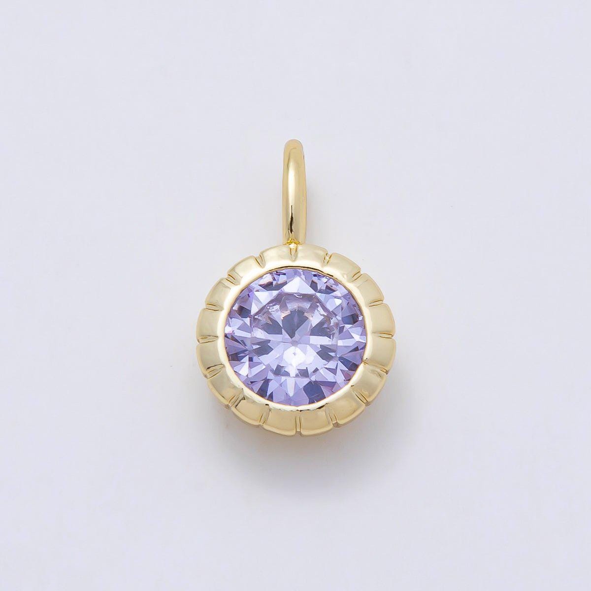 16K Gold Filled 17mm Birthstone Round CZ Ribbed Bezel Mini Pendant Colorful DIY Necklace Bracelet Birth Month Jewelry Making | Charms-01113