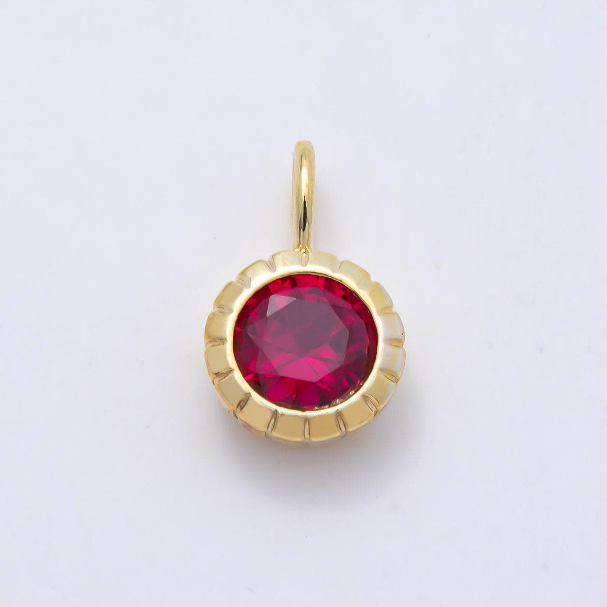 16K Gold Filled 17mm Birthstone Round CZ Ribbed Bezel Mini Pendant Colorful DIY Necklace Bracelet Birth Month Jewelry Making | Charms-01113