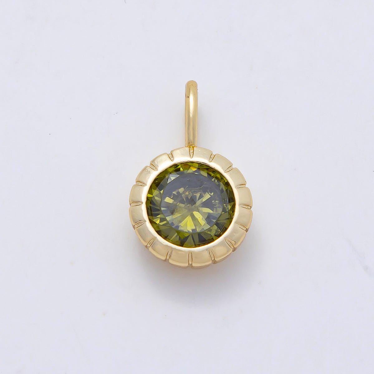 16K Gold Filled 17mm Birthstone Round CZ Ribbed Bezel Mini Pendant Colorful DIY Necklace Bracelet Birth Month Jewelry Making | Charms-01113