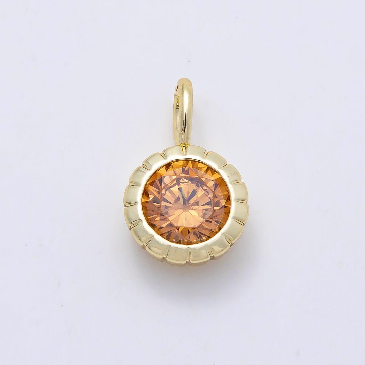 16K Gold Filled 17mm Birthstone Round CZ Ribbed Bezel Mini Pendant Colorful DIY Necklace Bracelet Birth Month Jewelry Making | Charms-01113