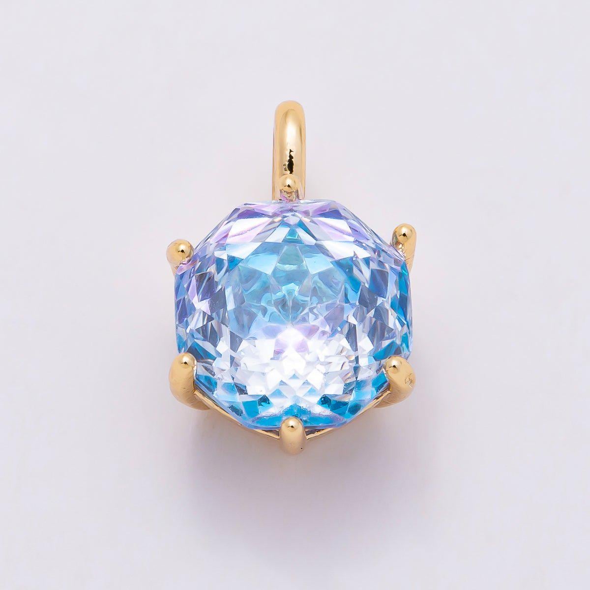 16K Gold Filled 13mm Blue, Pink, Purple, Clear, Yellow Round CZ Solitaire Charm Colorful Geometric Crystal DIY Necklace | Charms-01062