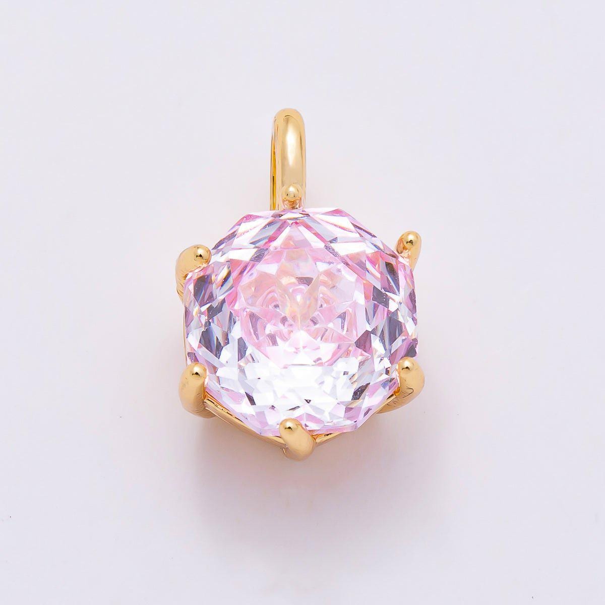 16K Gold Filled 13mm Blue, Pink, Purple, Clear, Yellow Round CZ Solitaire Charm Colorful Geometric Crystal DIY Necklace | Charms-01062