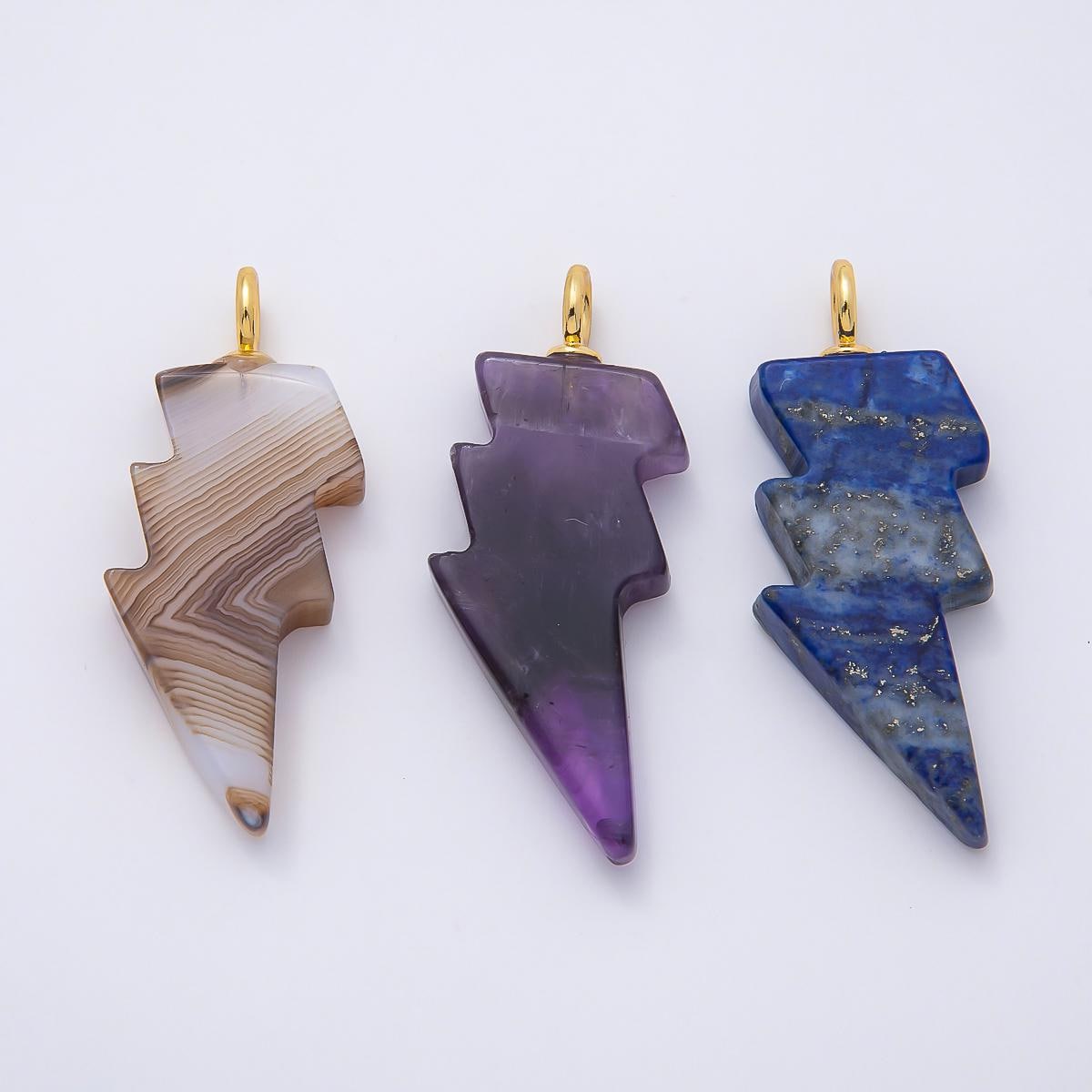 18K Gold Filled 47mm Lapis Lazuli, Amethyst, Agate Gemstone Lightning Bolt Thunder Pendant Celestial Weather Charm for DIY | Charms-01075