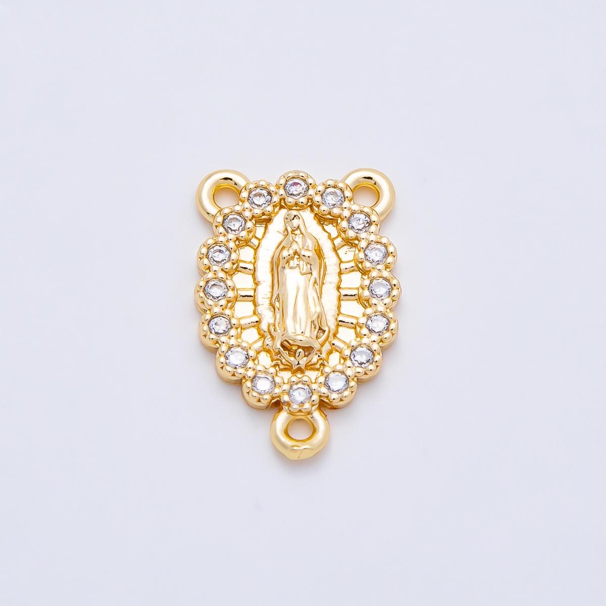 16K Gold Filled 18.5mm Mother Mary Micro Paved CZ Oval Triple Connector in Gold & Silver Rosary Centerpiece DIY Bracelet | Connectors-00028