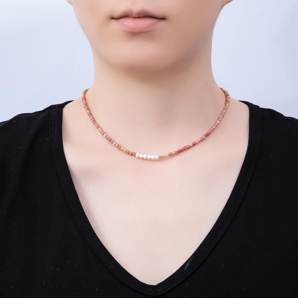 Handmade Stainless Steel 3mm Shell Pearl Rose Quartz Gemstone Chain 15.5 Inch Necklace Dainty Pink Beaded Romantic Jewelry Gift | WA-04653