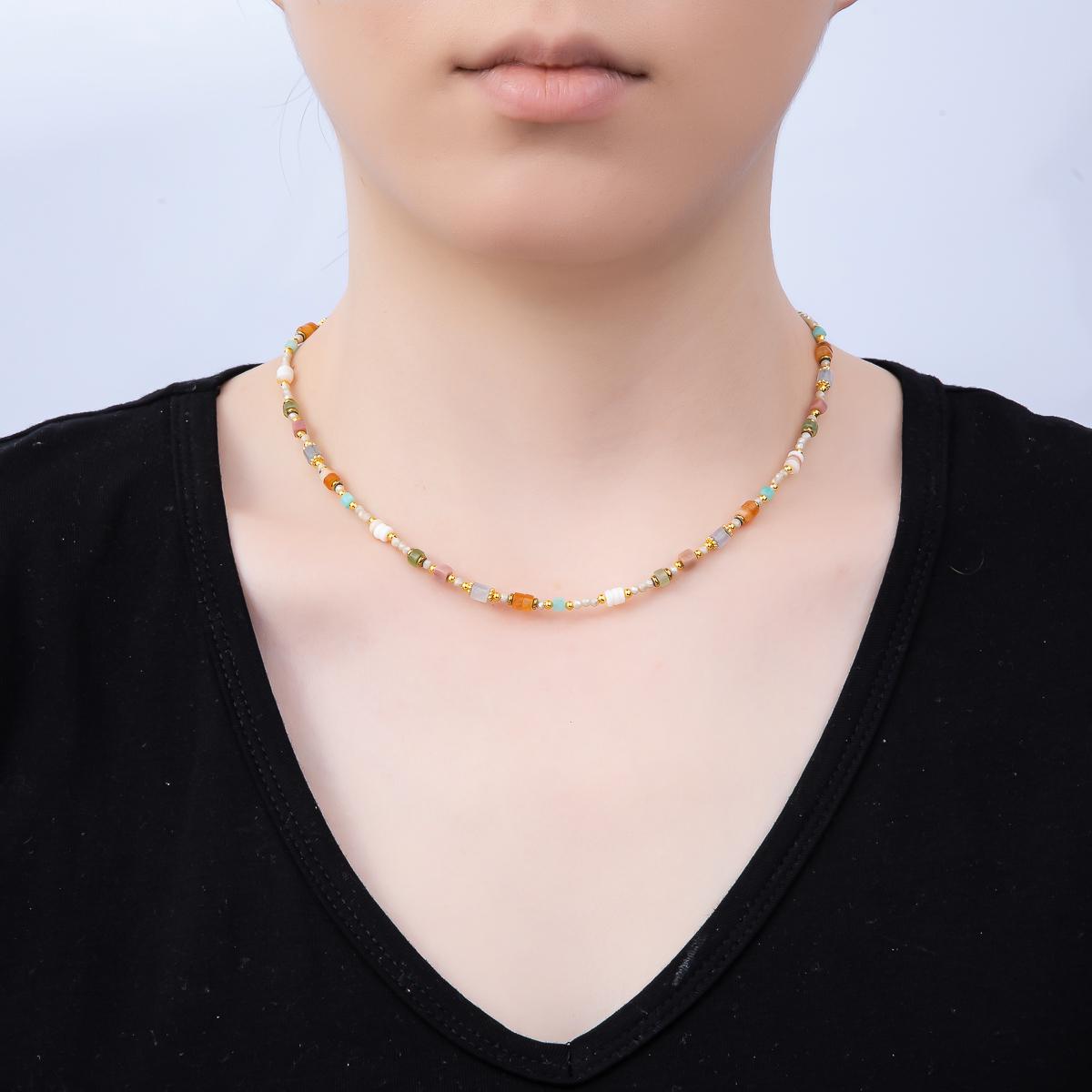 Handmade Stainless Steel 2mm Earth Tone Agate Gemstone Chain 16 Inch Necklace | WA-04641