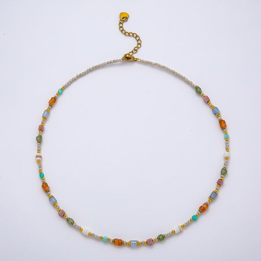 Handmade Stainless Steel 2mm Earth Tone Agate Gemstone Chain 16 Inch Necklace | WA-04641