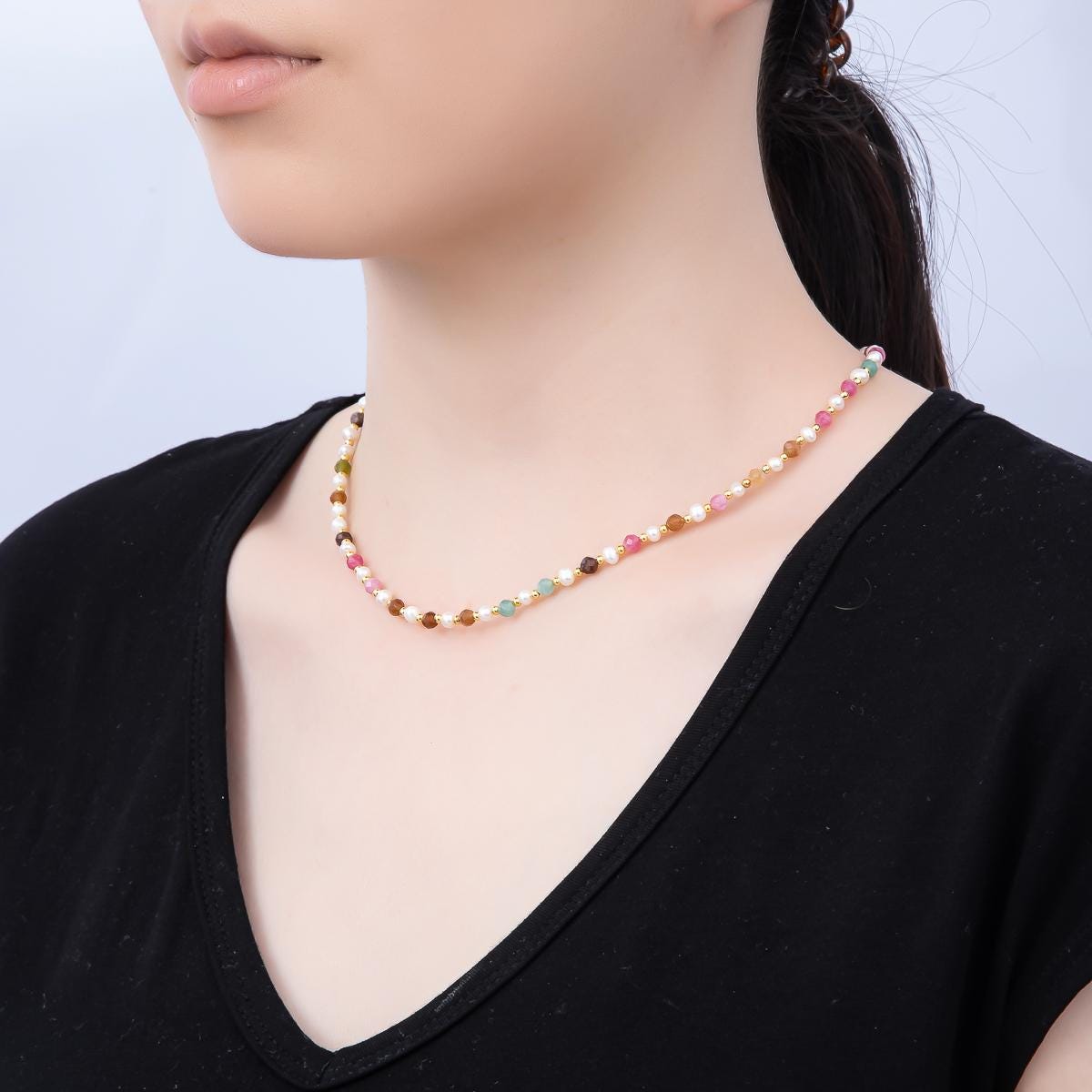 Handmade Stainless Steel 2mm Multifaceted Multicolor Gemstone Chain 16 Inch Necklace Boho Confetti Layering Jewelry Gift for Her | WA-04642
