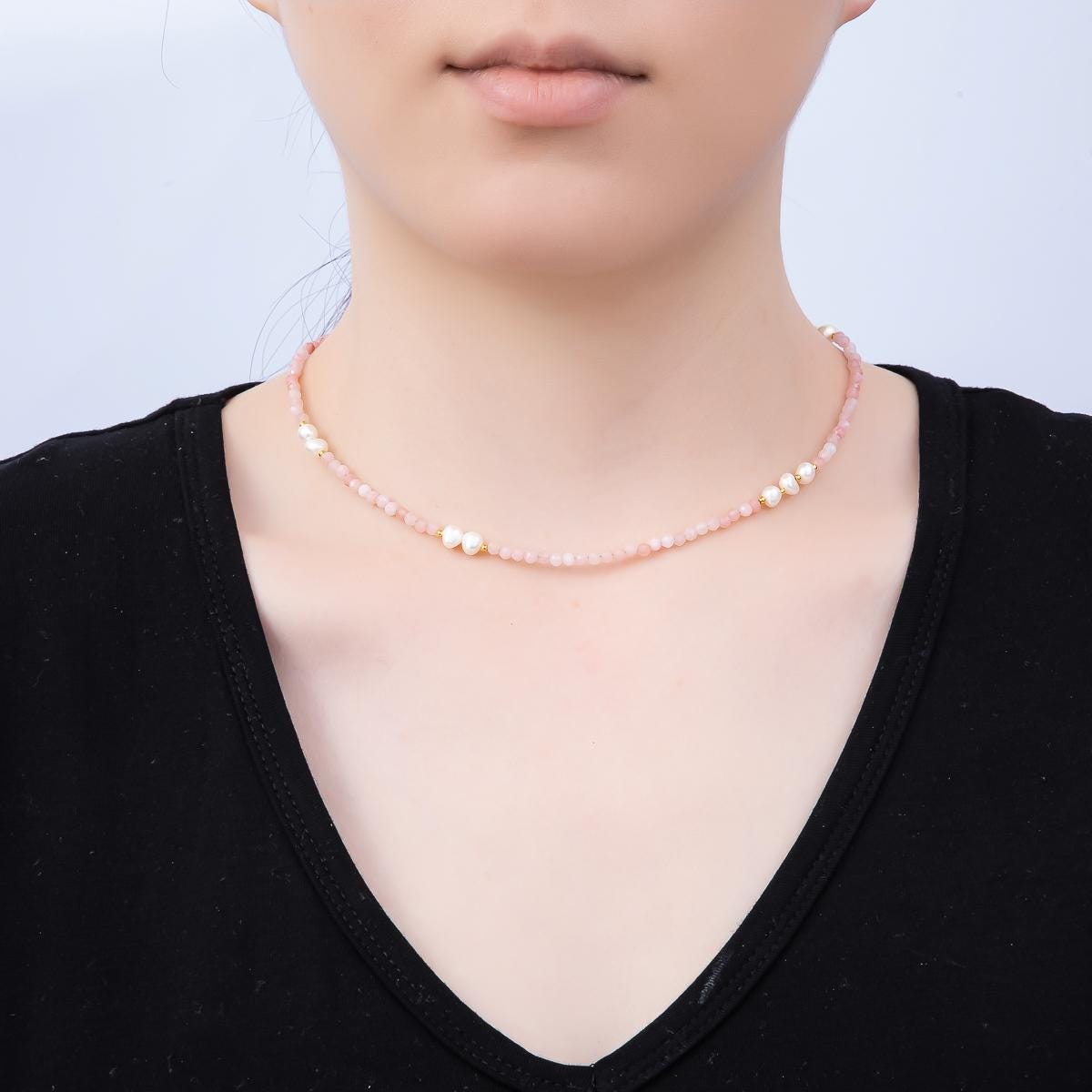 Handmade Stainless Steel 2mm Shell Pearl Rose Quartz Gemstone Chain 16 Inch Necklace Beaded Crystal Layering Elegant Jewelry | WA-04643