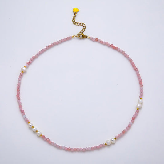 Handmade Stainless Steel 2mm Shell Pearl Rose Quartz Gemstone Chain 16 Inch Necklace Beaded Crystal Layering Elegant Jewelry | WA-04643