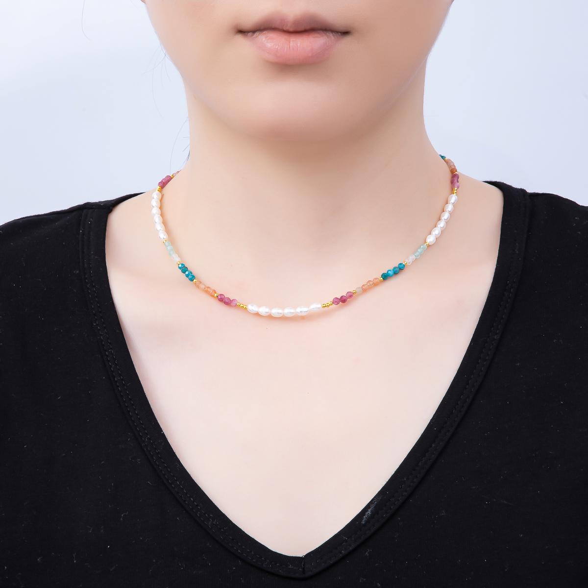Handmade Stainless Steel 2mm Shell Pearl Multicolor Gemstone Chain 16 Inch Necklace Pastel Rainbow Summer Beach Jewelry Gift | WA-04646