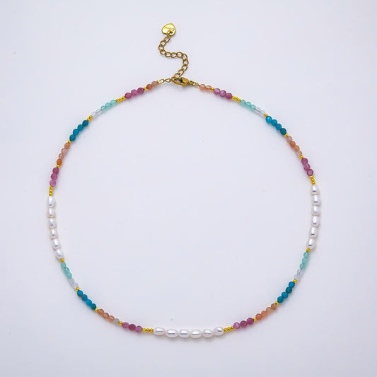 Handmade Stainless Steel 2mm Shell Pearl Multicolor Gemstone Chain 16 Inch Necklace Pastel Rainbow Summer Beach Jewelry Gift | WA-04646