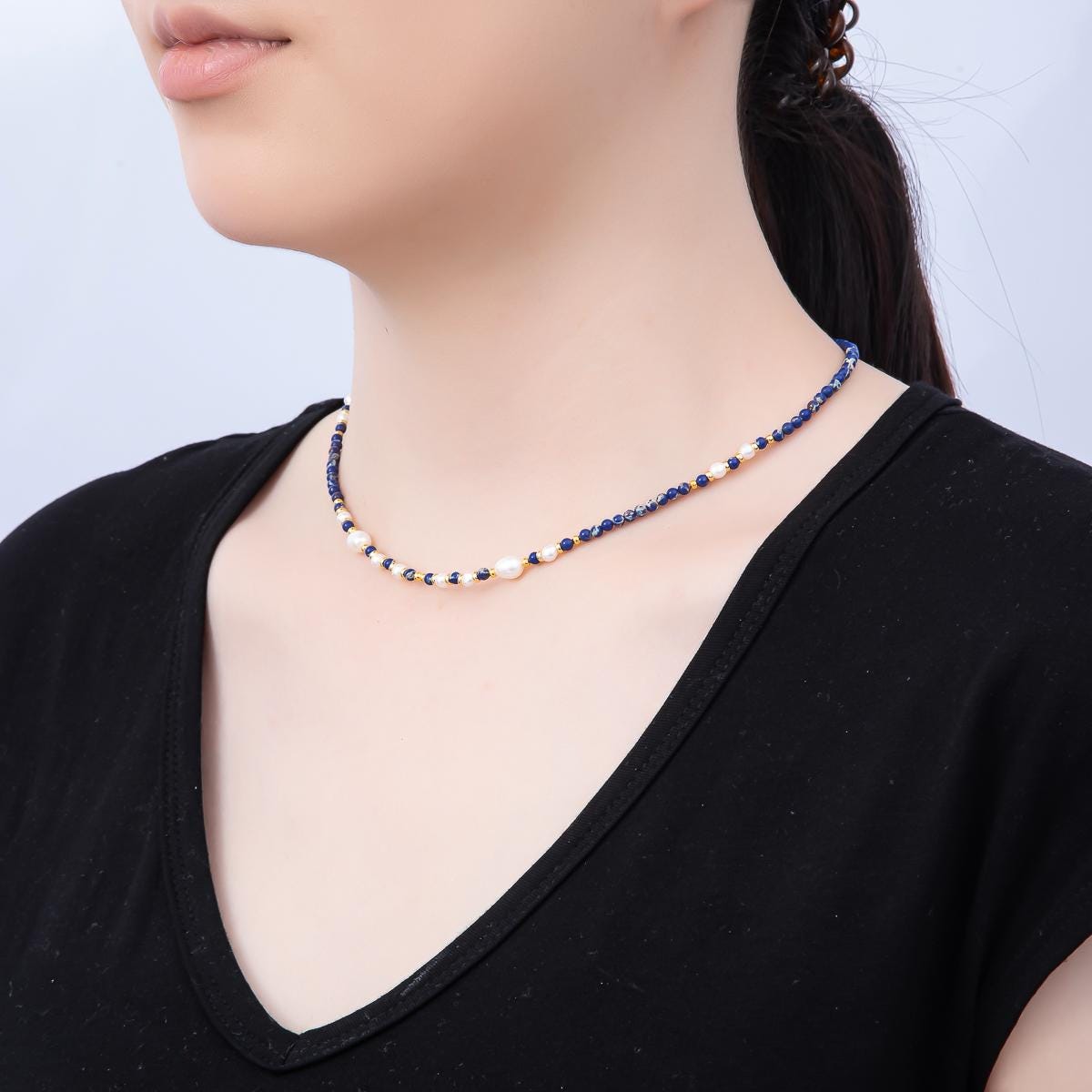 Handmade Stainless Steel 3mm Shell Pearl Lapis Lazuli Gemstone Chain 16 Inch Necklace Royal Bohemian Fashion Jewelry Gift for Her | WA-04649
