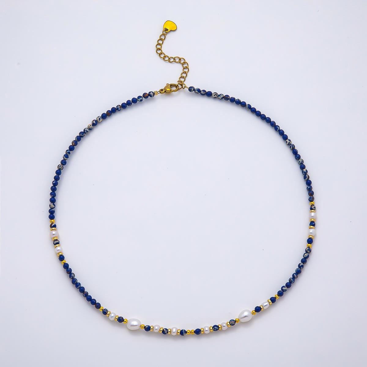 Handmade Stainless Steel 3mm Shell Pearl Lapis Lazuli Gemstone Chain 16 Inch Necklace Royal Bohemian Fashion Jewelry Gift for Her | WA-04649