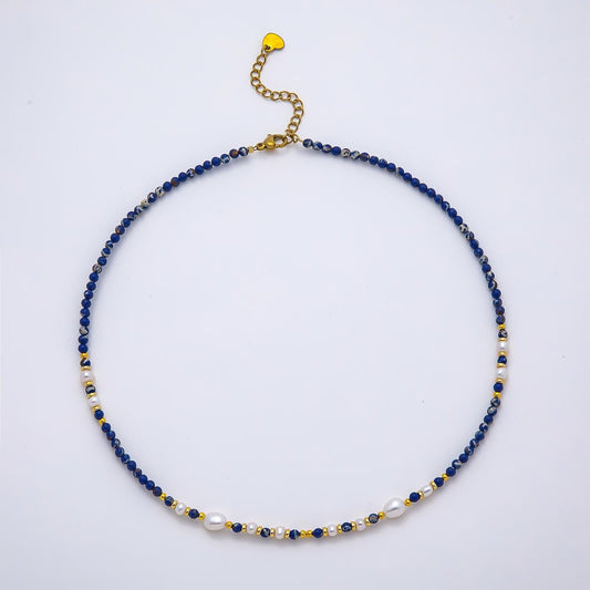 Handmade Stainless Steel 3mm Shell Pearl Lapis Lazuli Gemstone Chain 16 Inch Necklace Royal Bohemian Fashion Jewelry Gift for Her | WA-04649