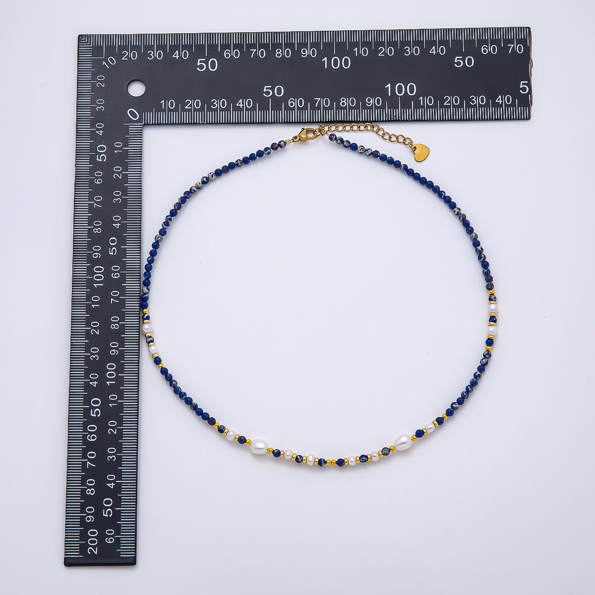 Handmade Stainless Steel 3mm Shell Pearl Lapis Lazuli Gemstone Chain 16 Inch Necklace Royal Bohemian Fashion Jewelry Gift for Her | WA-04649