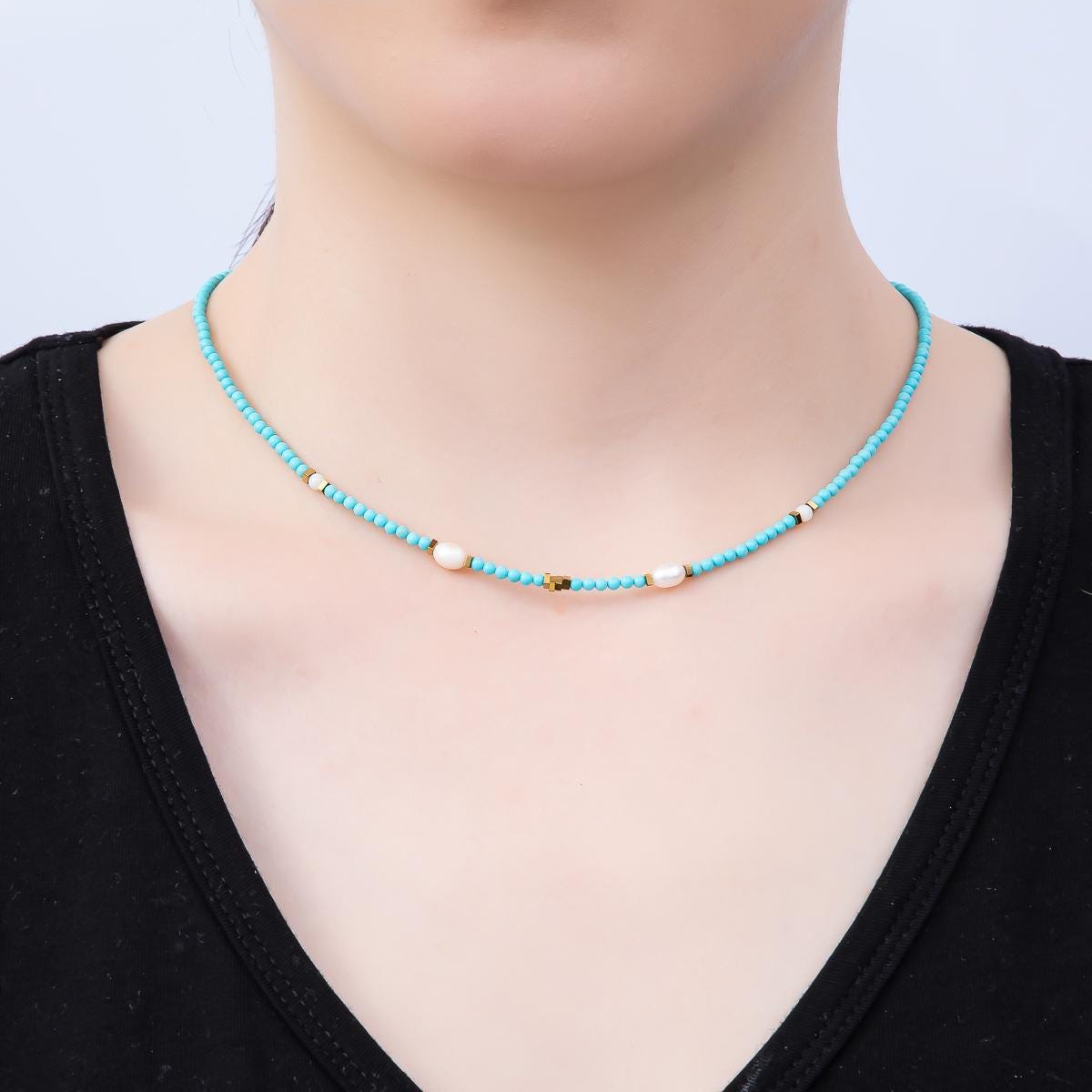 Handmade Stainless Steel 2.5mm Shell Pearl Turquoise Gemstone Chain 16 Inch Necklace Dainty Summer Beach Jewelry Gift for Her | WA-04651